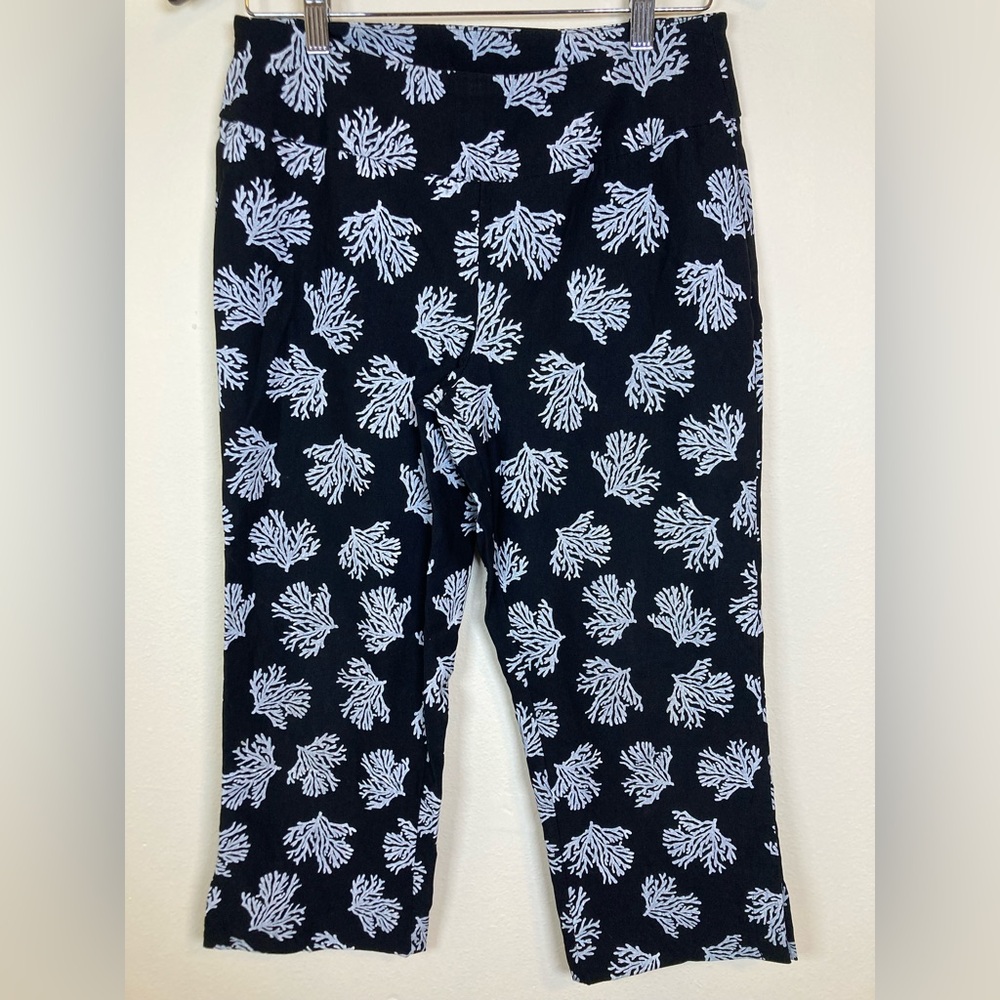 Lulu-B Black White Coral Print Capri Pants Womens Size 6 Stretch Coastal